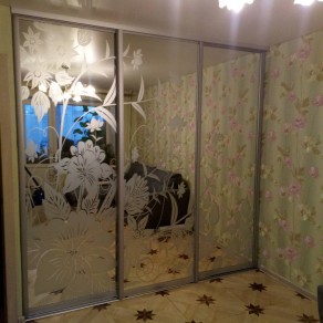 Двери-купе с пескоструйным рисунком на зеркале Серебро